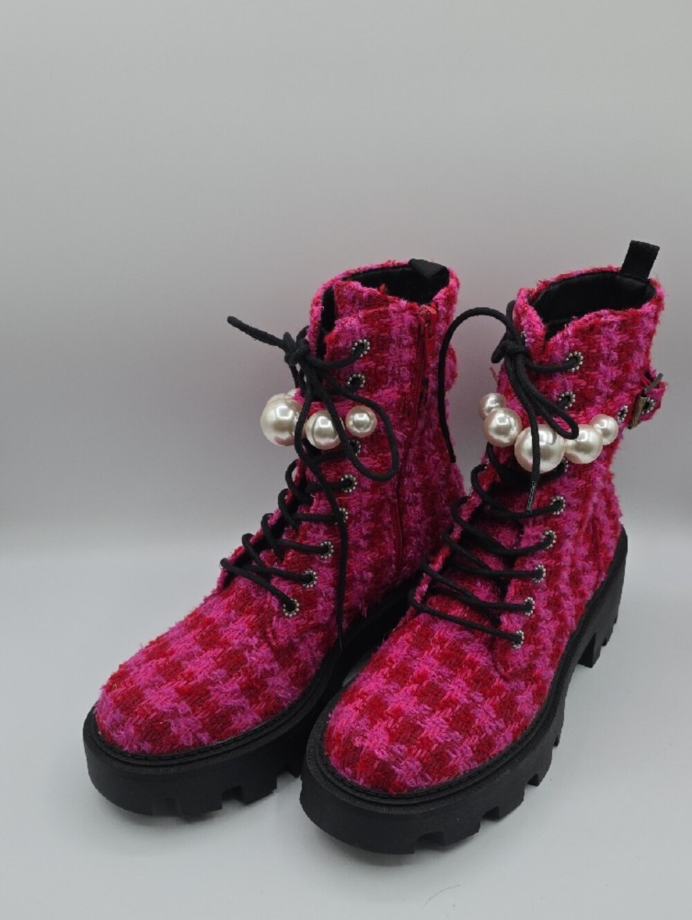 Betsey Johnson Jonnie Hot Pink & Red Tweed Lace-Up Combat Boots w/Pearl Accent - Picture 5 of 15